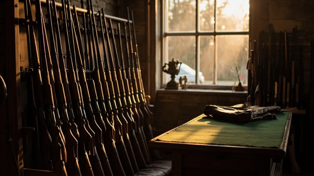 The gunroom at dawn, racks of walnut-stocked rifles lit by warm morning light
