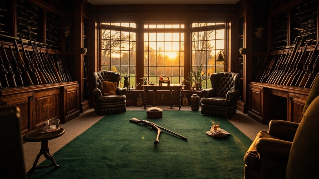 The Tetbury gunroom at dawn, with rifle and shotgun cabinets lit by morning light