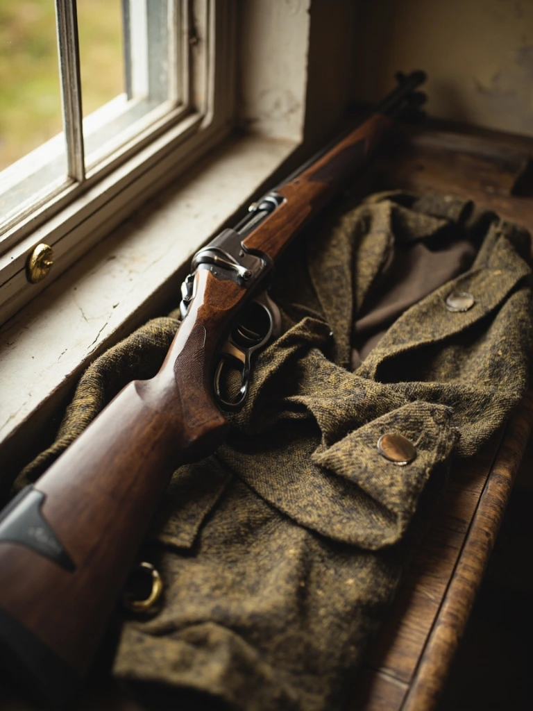 Bolt-action centrefire rifle with walnut stock on a tweed waistcoat
